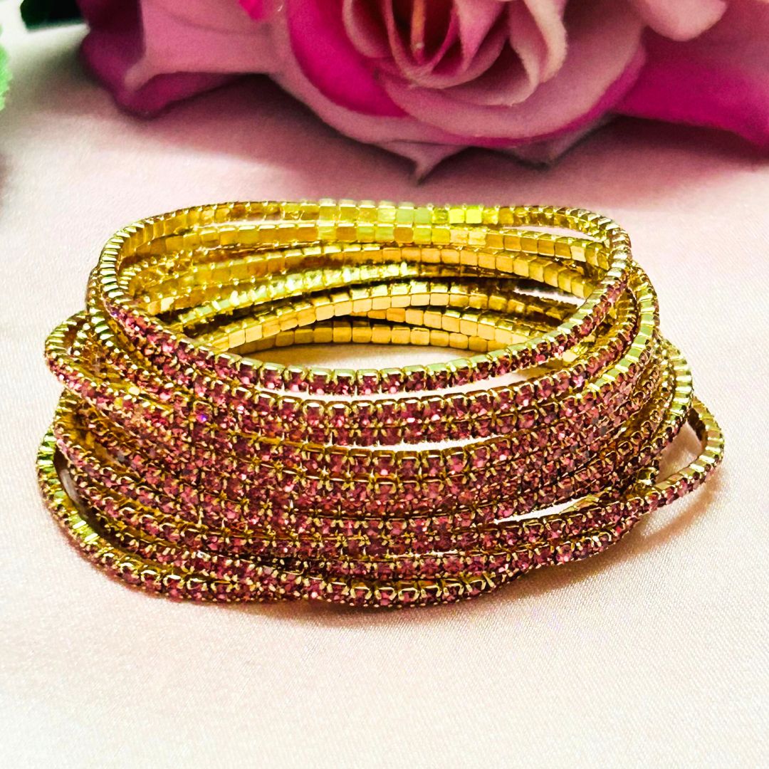 Stretchable Pink Linestone Gold- Plated Bracelet - Pack of 12