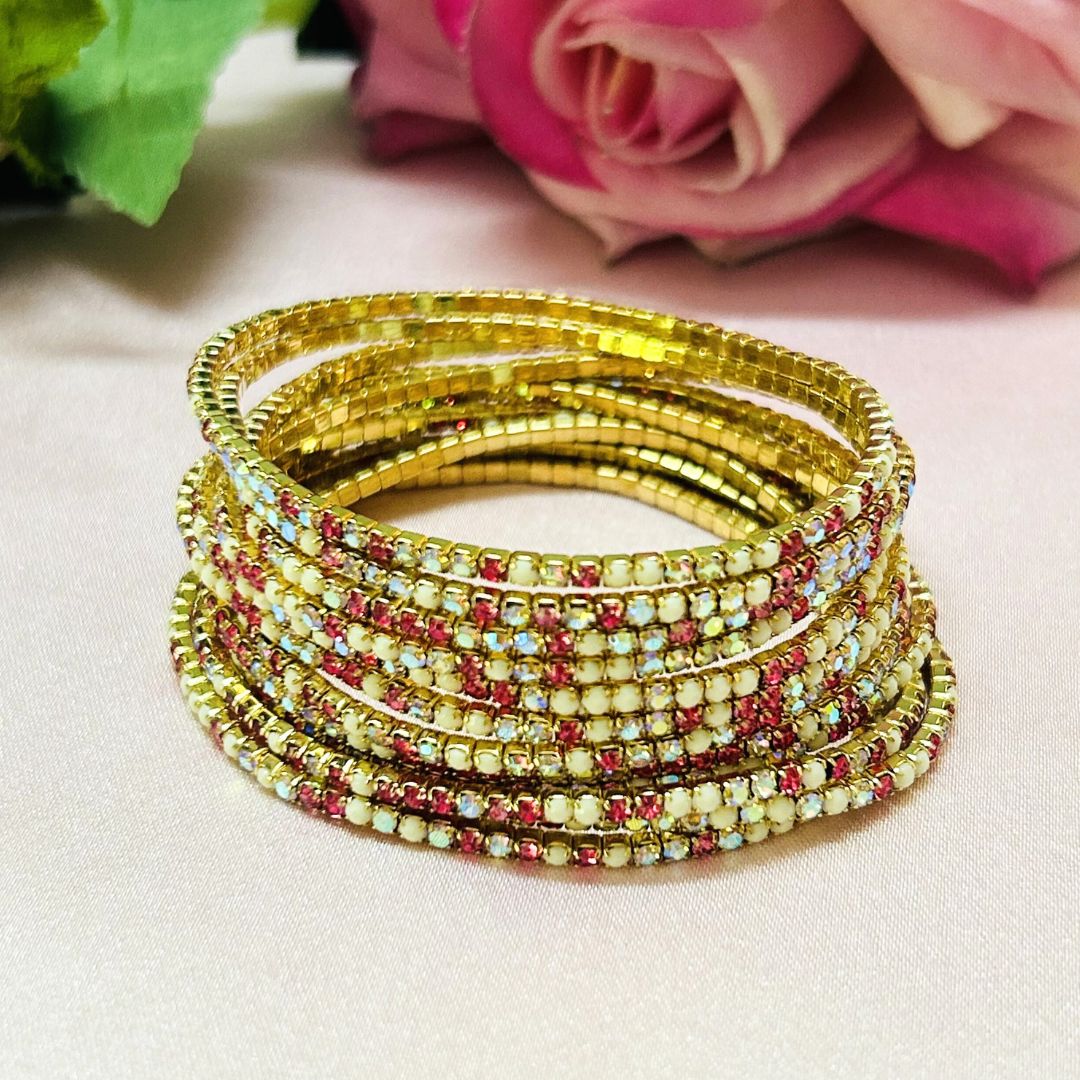 Stretchable Pink White Moonstone Gold- Plated Bracelet - Pack of 12