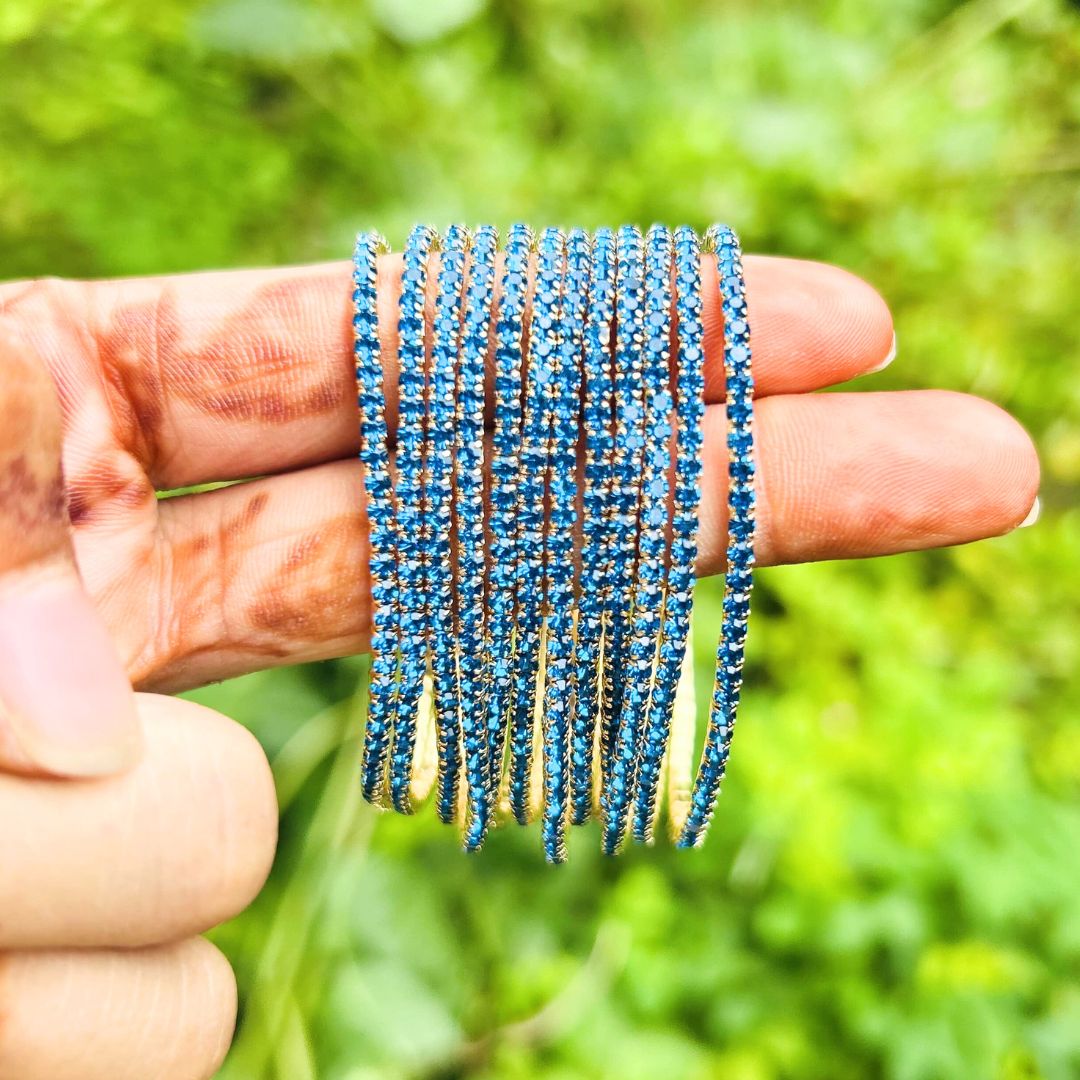 Stretchable Teal Blue Gold- Plated Bracelet - Pack of 12