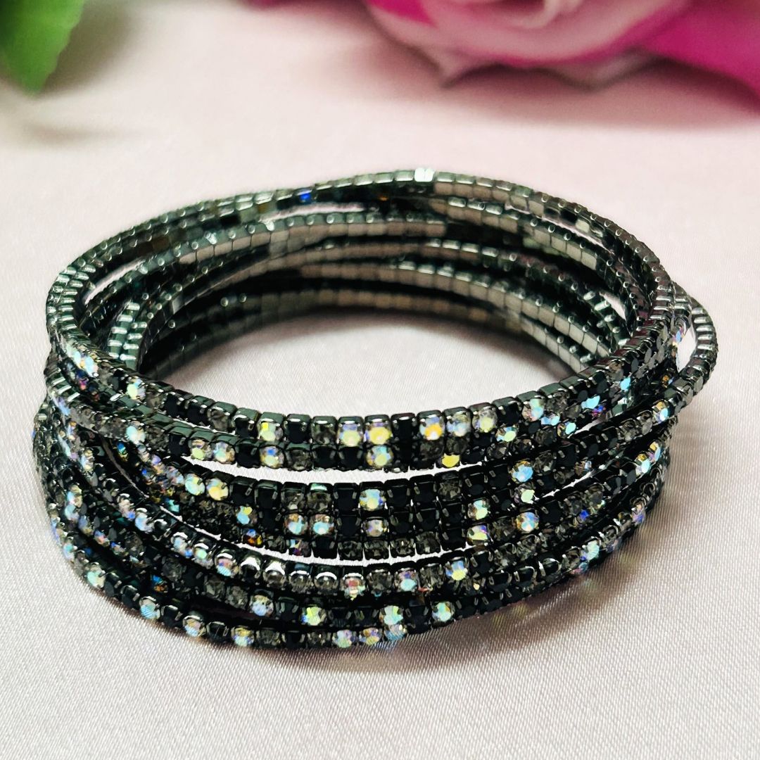 Stretchable Black White Rhodium - Plated Bracelet - Pack of 12