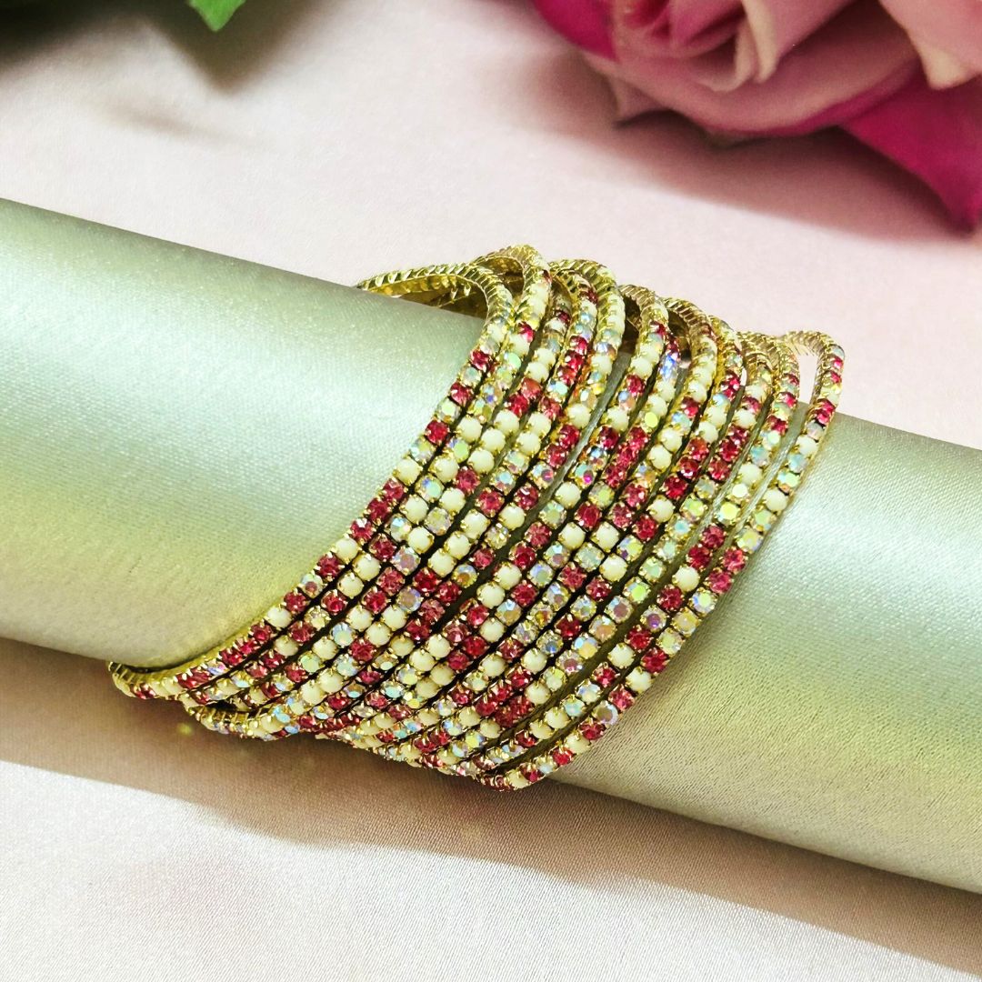 Stretchable Pink White Moonstone Gold- Plated Bracelet - Pack of 12