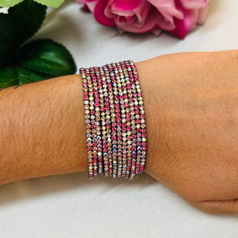 Stretchable Mix Pink Multi Rhodium - Plated Bracelet