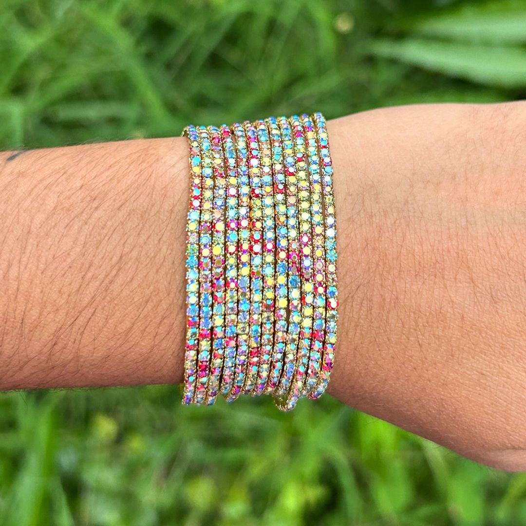 Stretchable Rainbow Multi Gold Plated Bracelet - Pack of 12