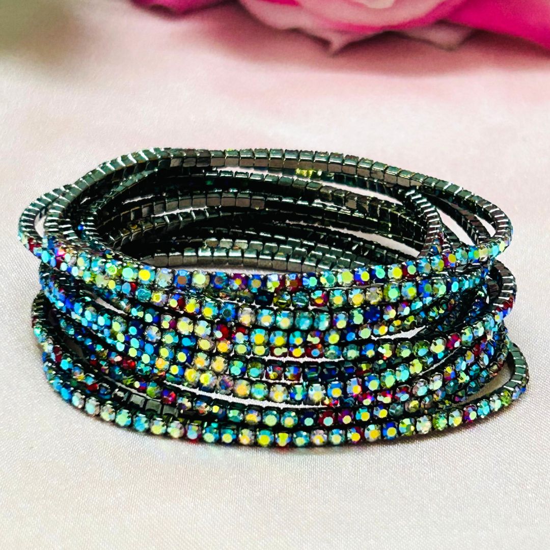 Stretchable Rainbow Multicolor Rhodium- Plated Bracelet - Pack of 12