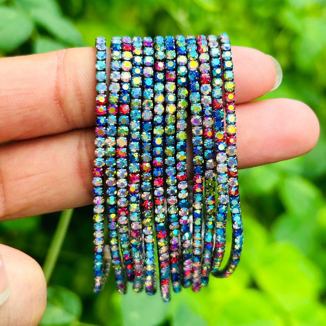 Stretchable Rainbow Multicolor Rhodium- Plated Bracelet - Pack of 12