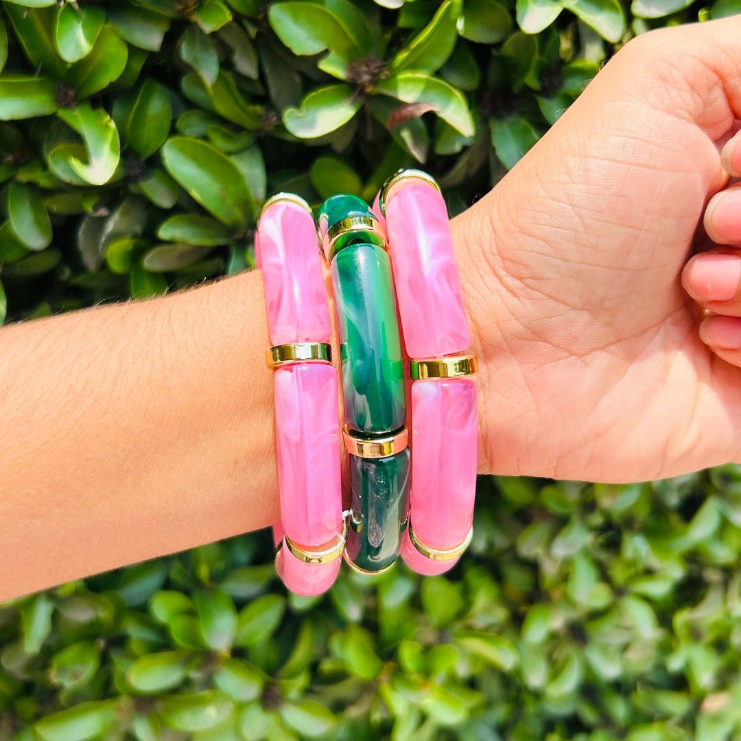 Vintage Acrylic Bracelet Set - Pink and Emerald Green