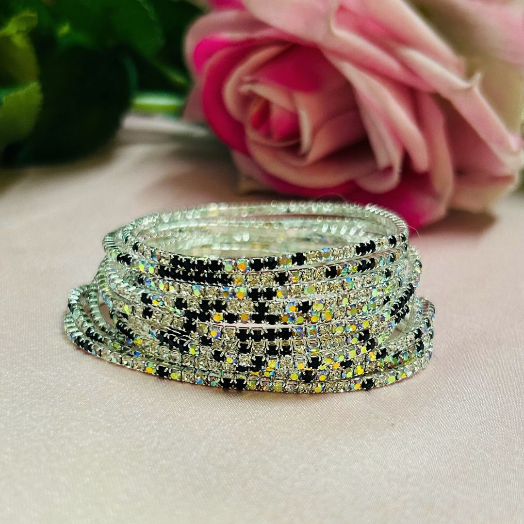 Stretchable Silver and Black -  Plated Bracelet - Pack of 12