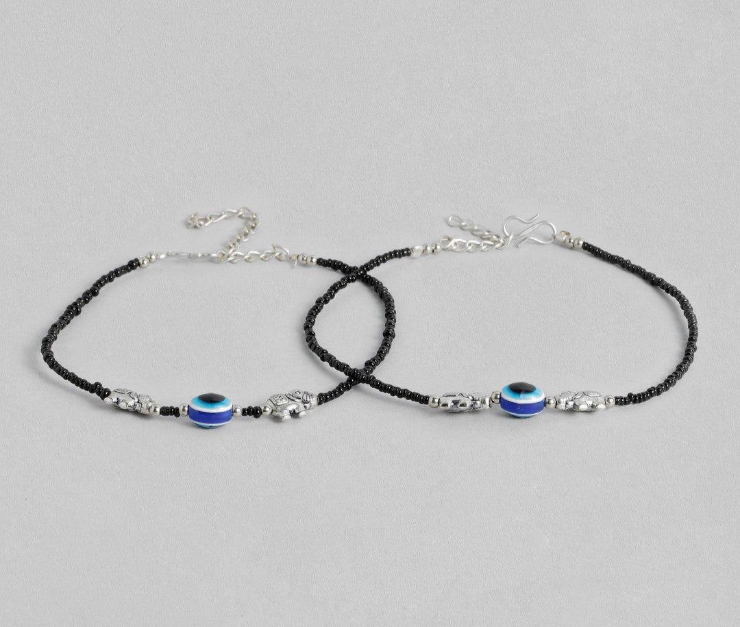 LAIDA Set of 2 German Silver Silver-Plated Oxidised Evil Eye Anklet