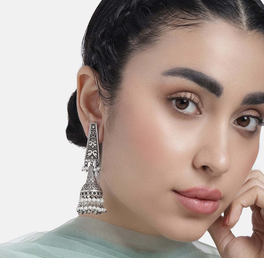 Silver-Plated Oxidised Contemporary Jhumkas Earrings