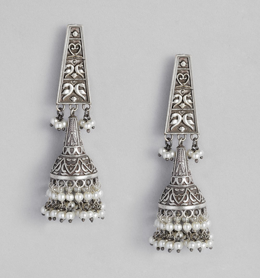 Silver-Plated Oxidised Contemporary Jhumkas Earrings