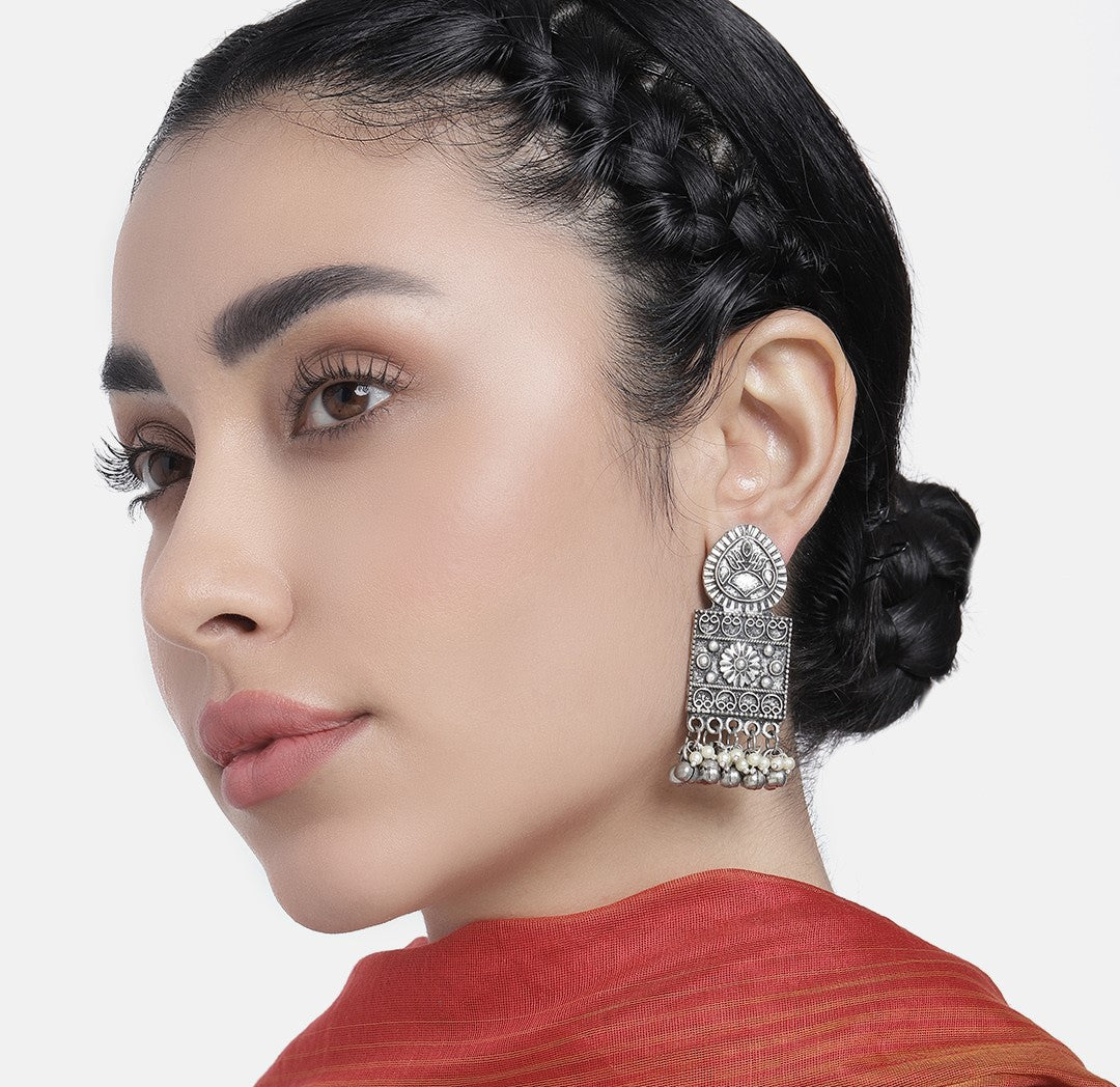 Silver-Toned Spherical Jhumkas Earrings