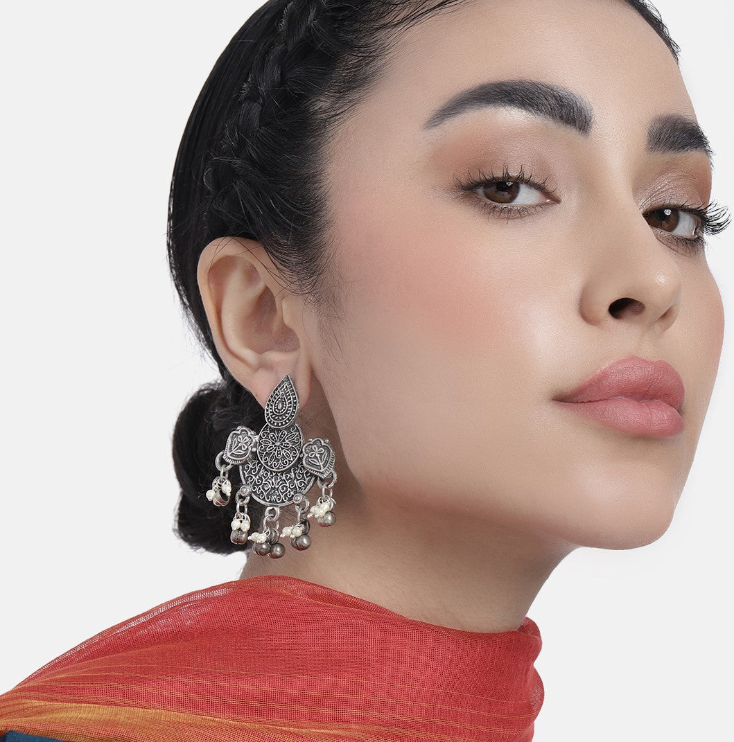 Silver-Plated Oxidised Contemporary Drop Earrings