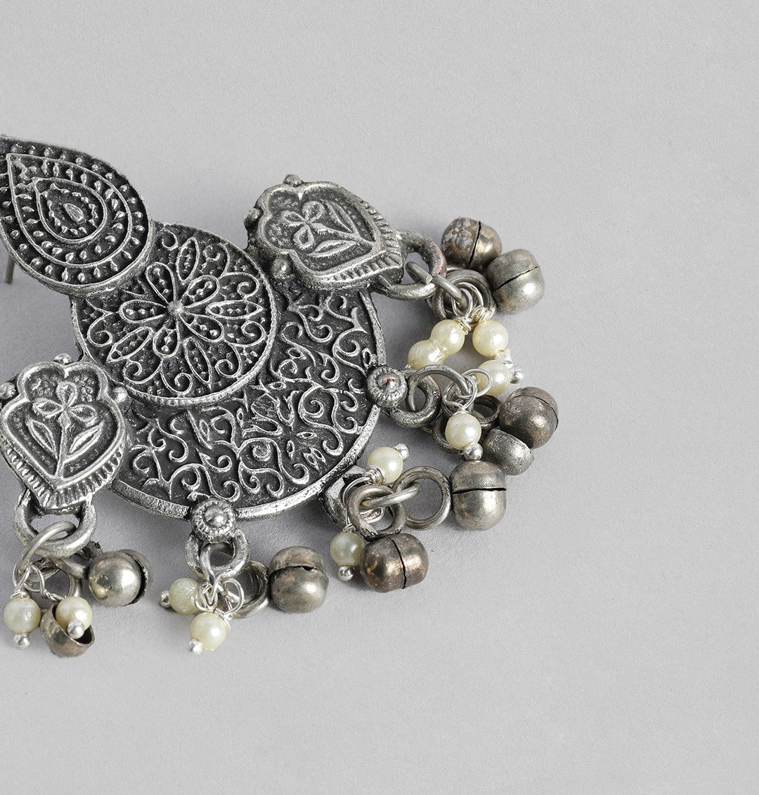 Silver-Plated Oxidised Contemporary Drop Earrings