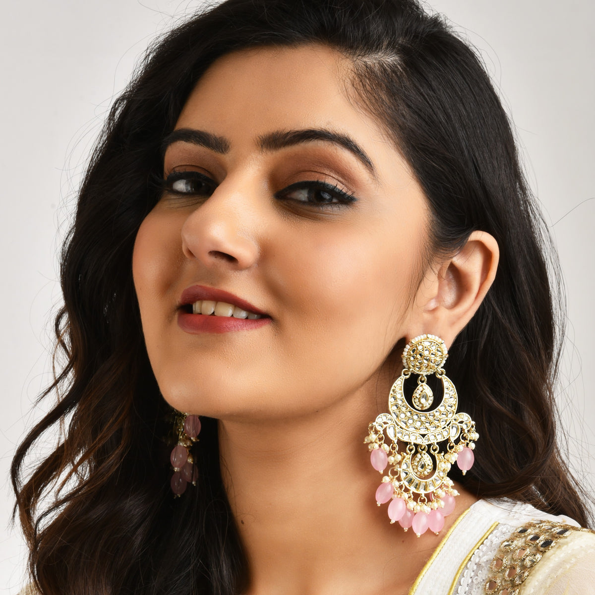 Gold Plated Pink Modern Chandbalis