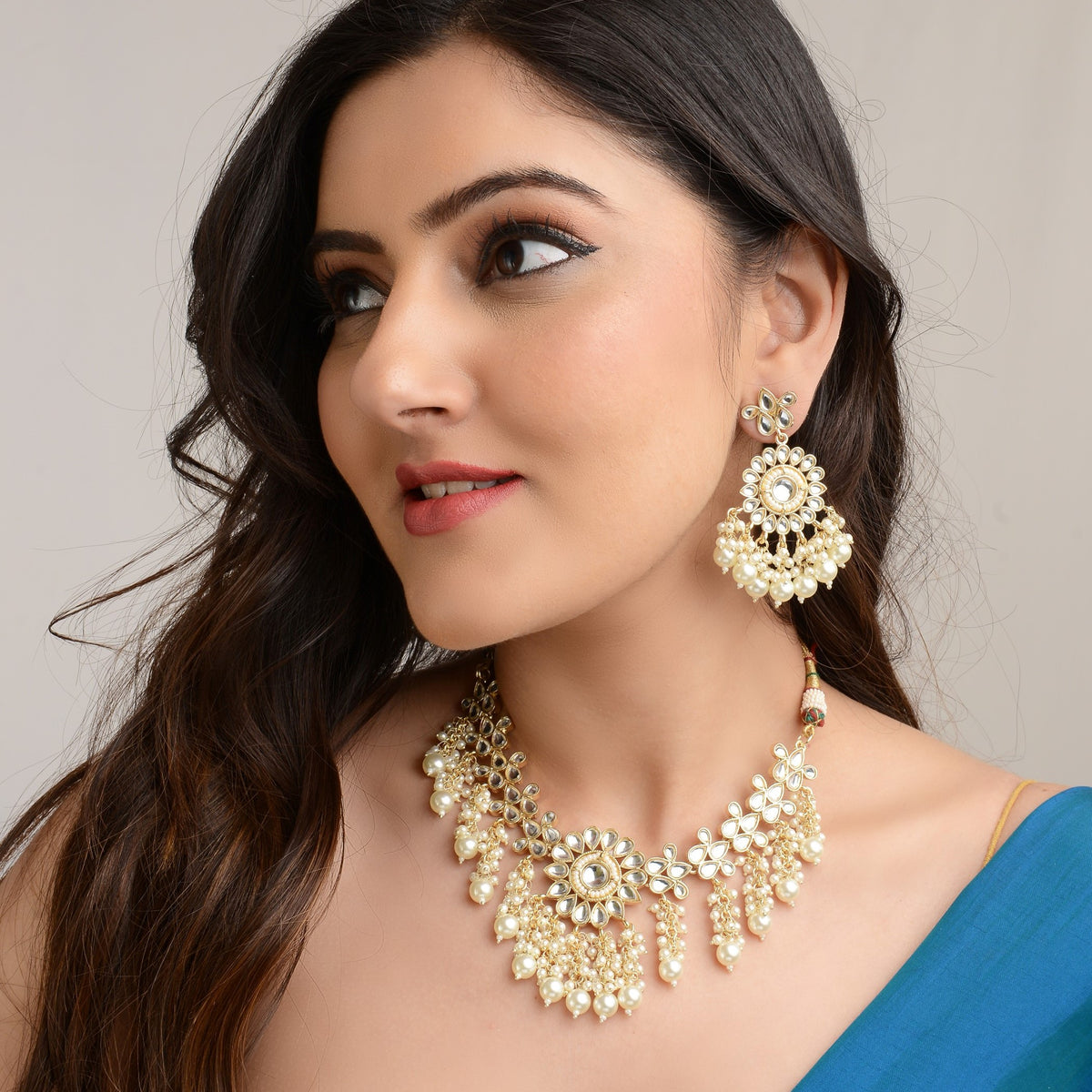 Laida Gold-Plated Kundan-Studded & Pearl Beaded Jewellery Set