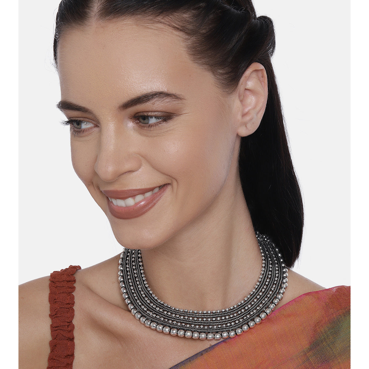 LAIDA Silver-Plated Oxidized Handcrafted Pattern Work Necklace