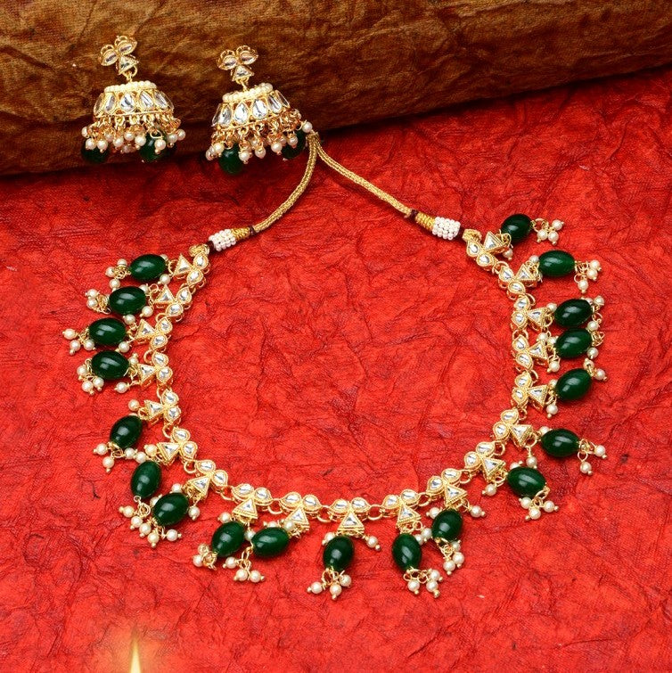 Laida Gold-Plated Green Kundan-Studded & Beaded Jewellery Set