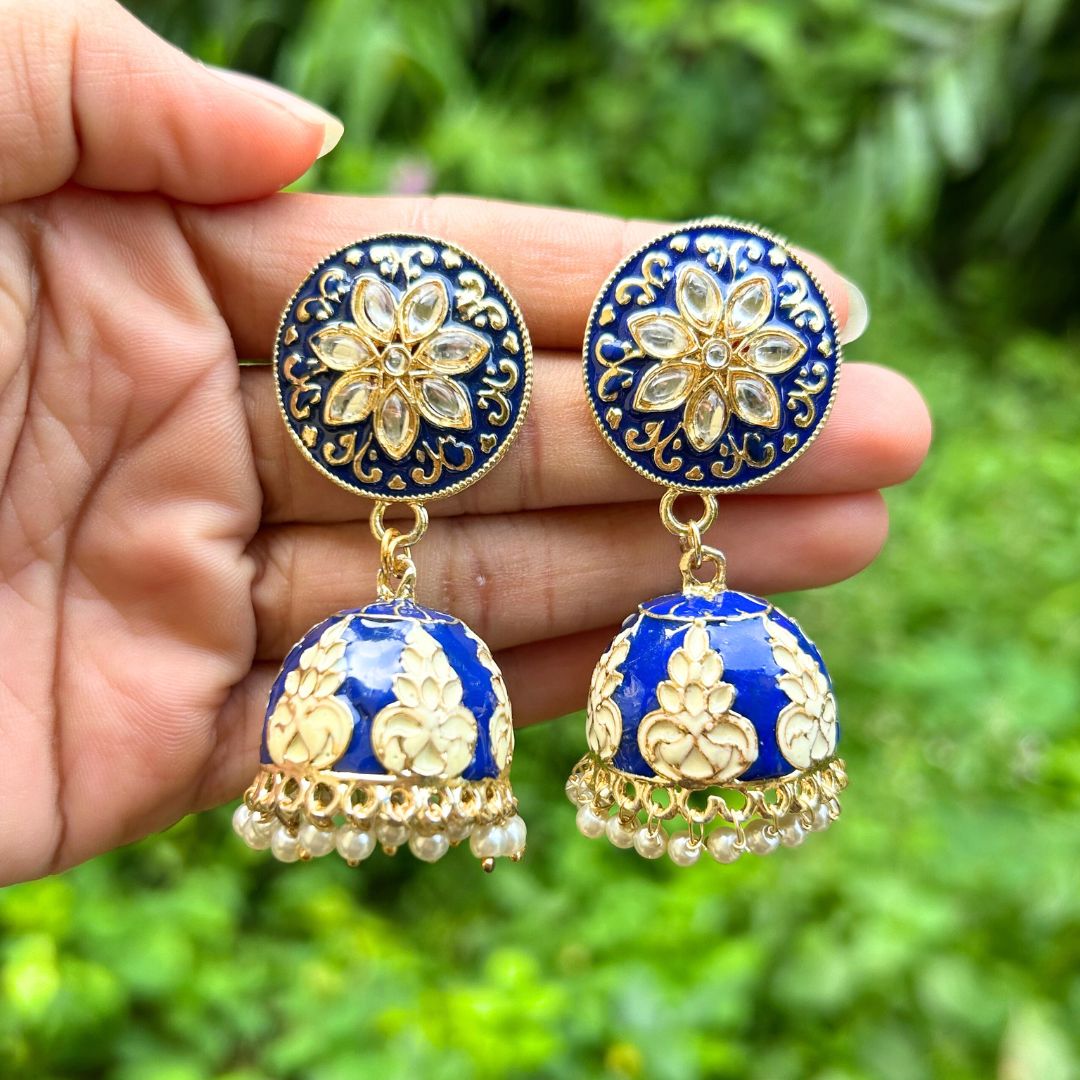 Blue & Gold-Plated Meenakari Dome Shaped Jhumkas