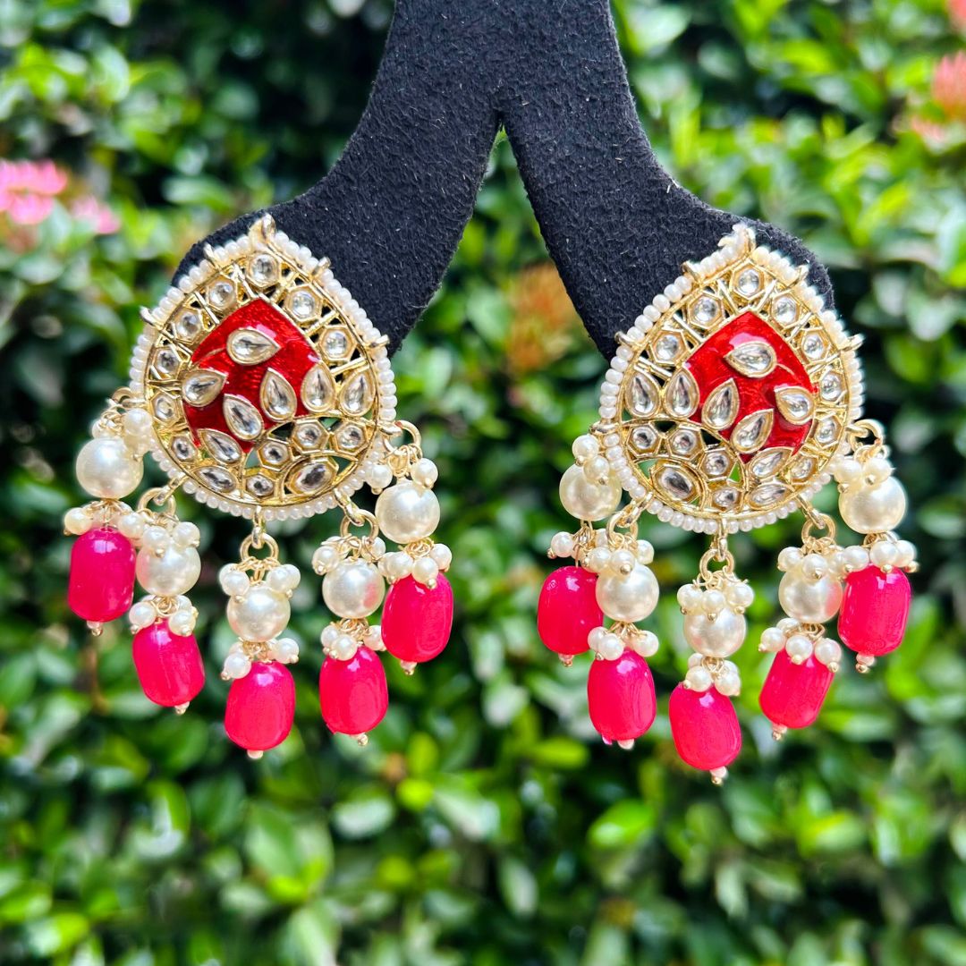 Maroon Gold-Plated Kundan-Studded Teardrop Shaped Drop Earrings