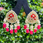 Maroon Gold-Plated Kundan-Studded Teardrop Shaped Drop Earrings
