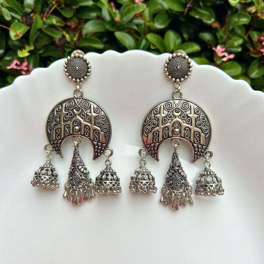 Silver-Plated Oxidised Crescent Shaped Jhumkas