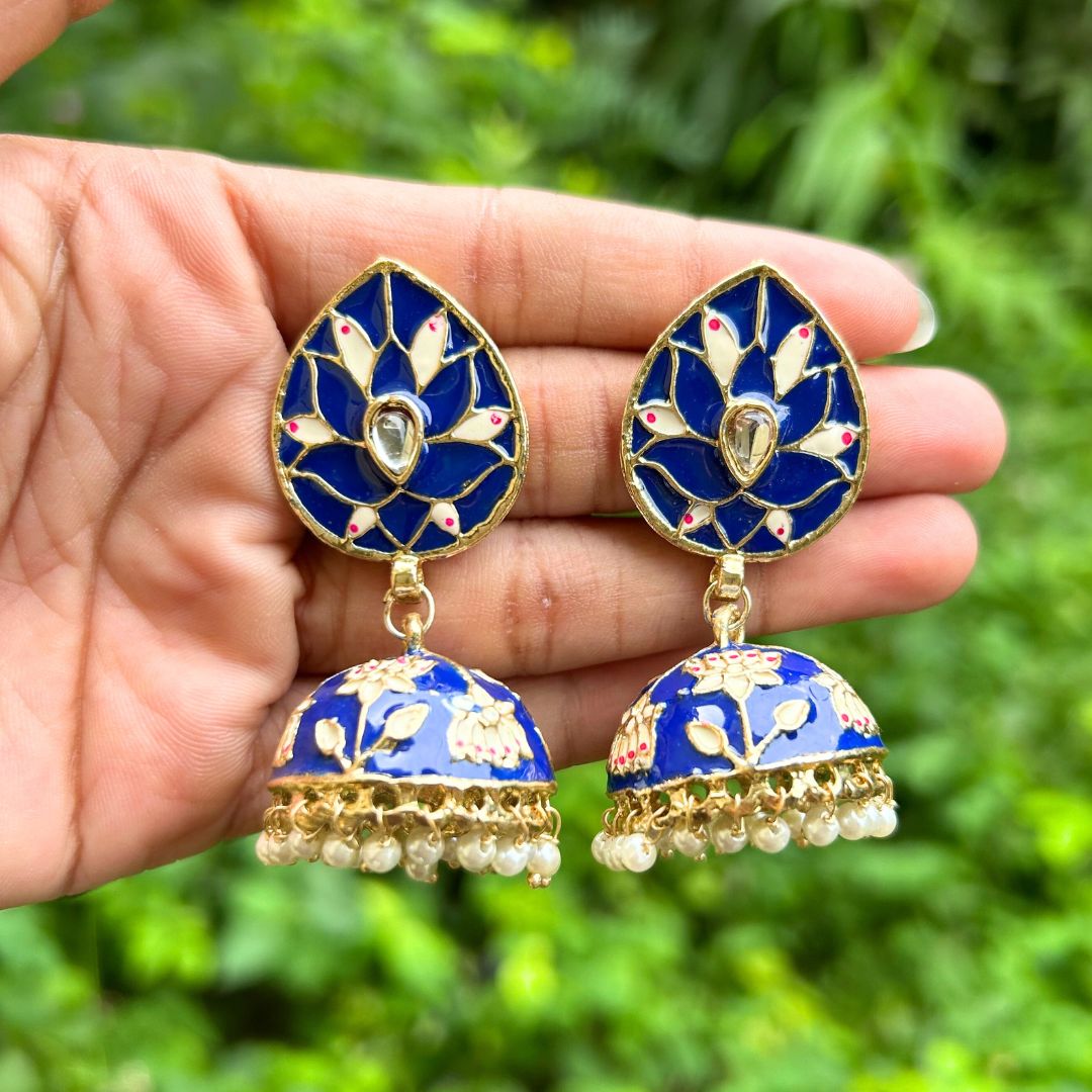 Navy Blue & Gold-Plated Enameled Meenakari Dome Shaped Jhumkas
