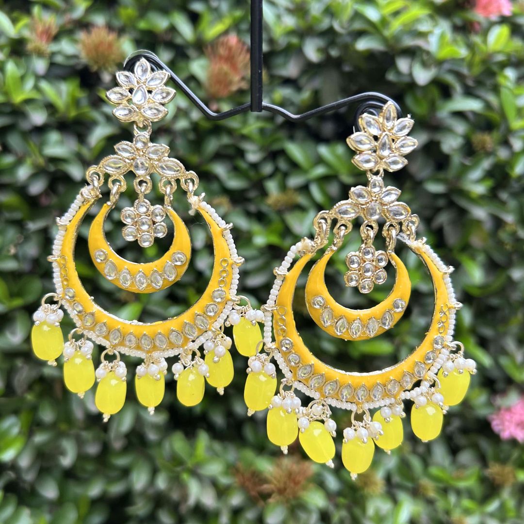 Yellow Gold-Plated Kundan Studded Handcrafted Crescent Shaped Chandbalis