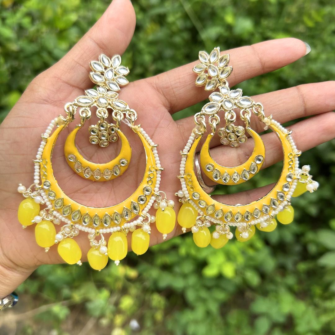 Yellow Gold-Plated Kundan Studded Handcrafted Crescent Shaped Chandbalis