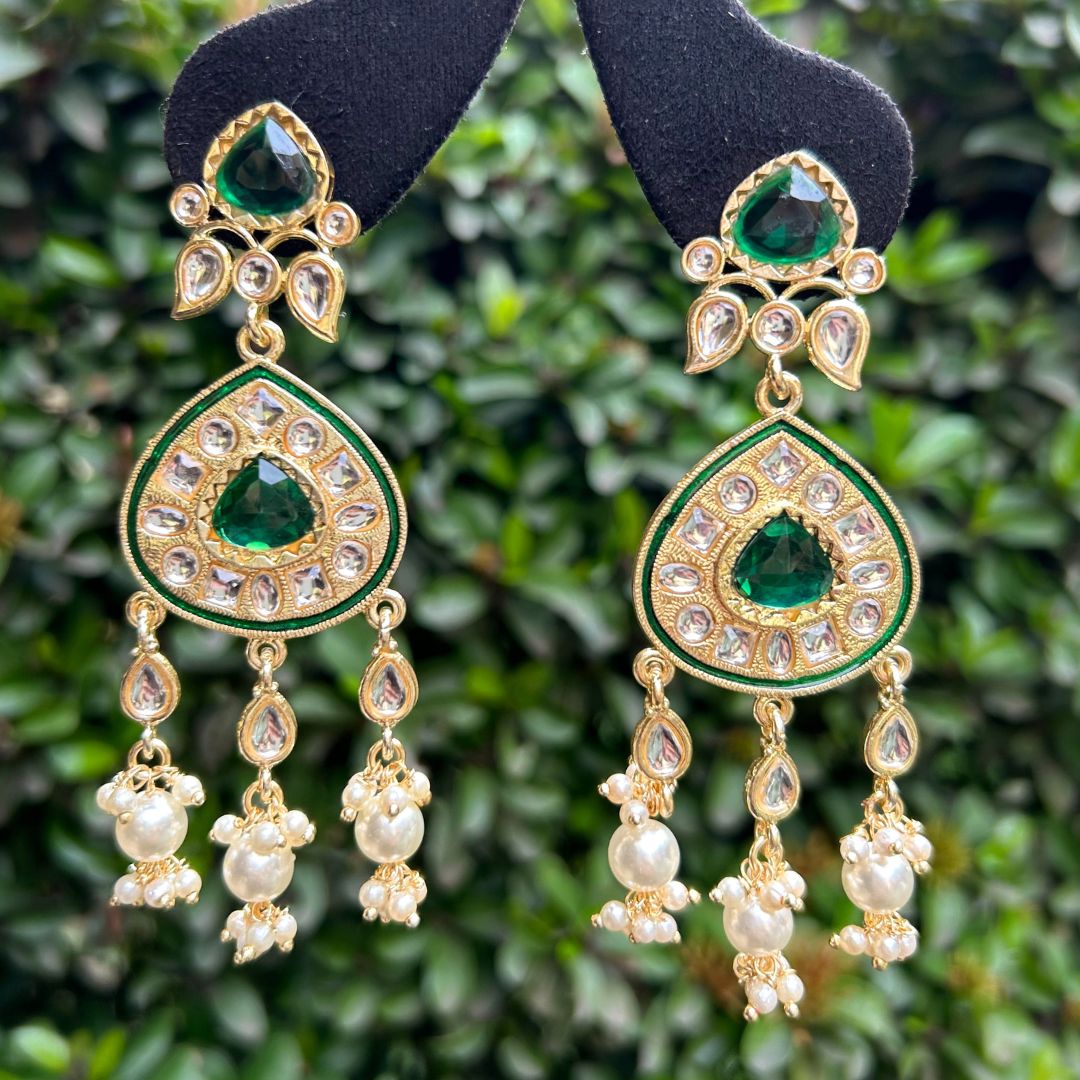 Gold-Plated & Green Kundan Studded Contemporary Drop Earrings