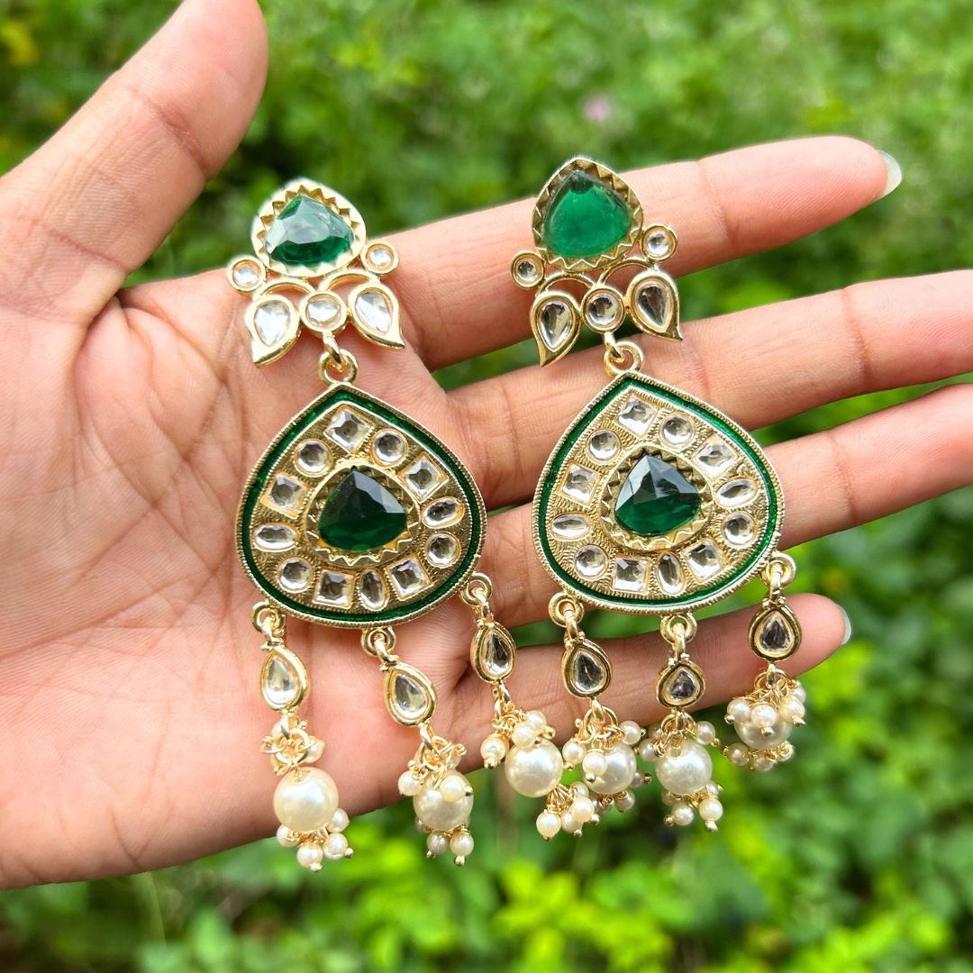 Gold-Plated & Green Kundan Studded Contemporary Drop Earrings