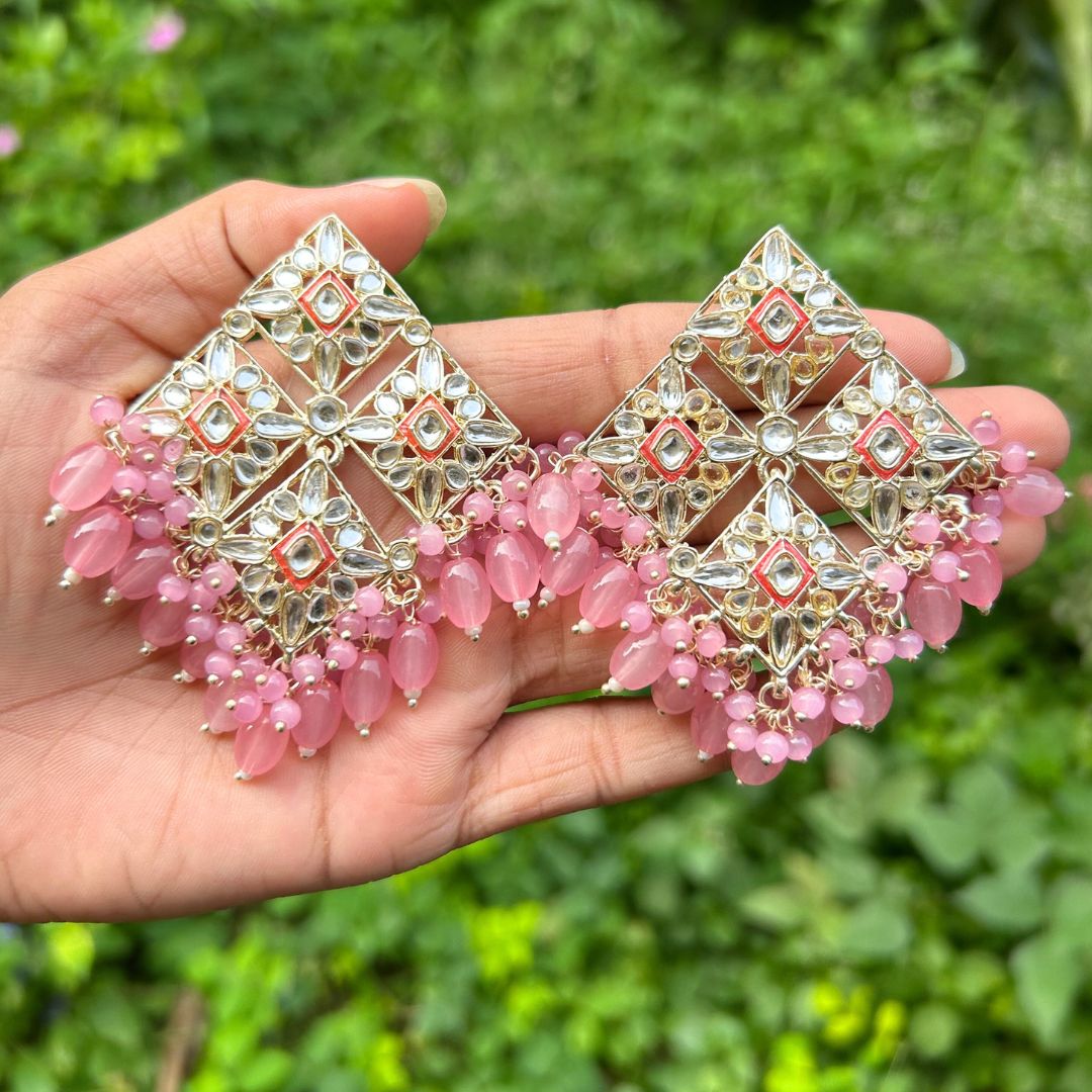 Pink & Gold-Toned Contemporary Drop Earrings