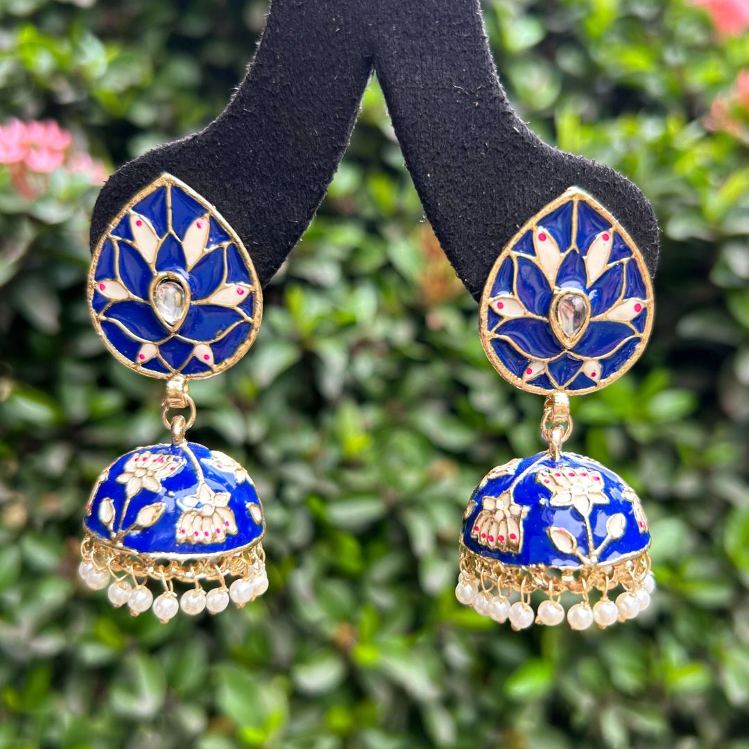 Navy Blue & Gold-Plated Enameled Meenakari Dome Shaped Jhumkas