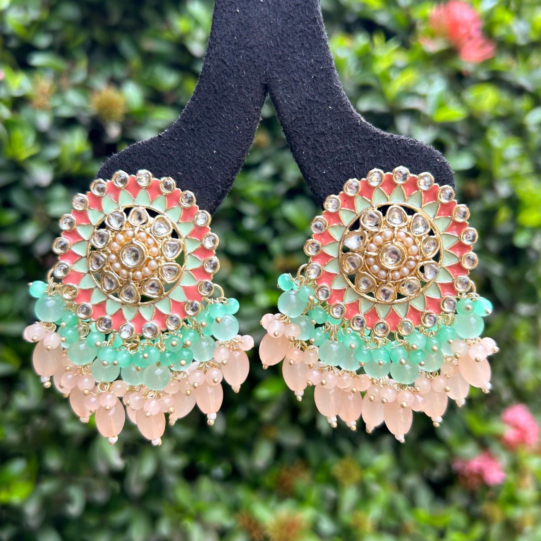 Peach-Coloured & Sea Green Circular Drop Earrings