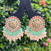 Peach-Coloured & Sea Green Circular Drop Earrings