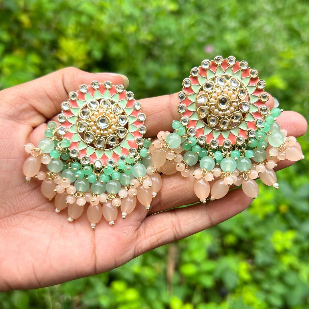 Peach-Coloured & Sea Green Circular Drop Earrings