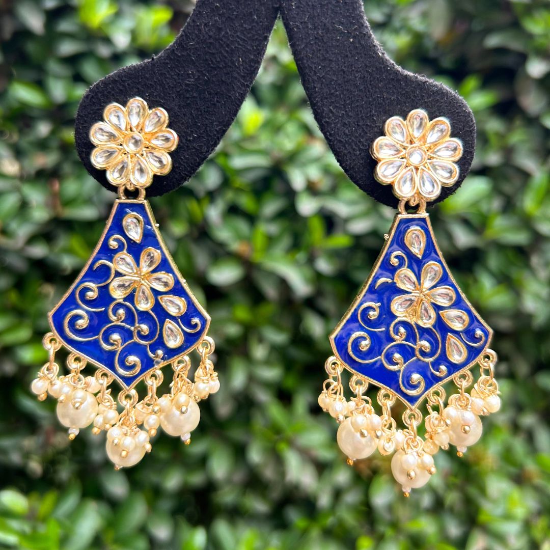 Blue & Gold-Plated Kundan Studded Classic Drop Earrings