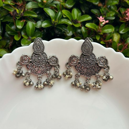 Silver-Plated Oxidised Contemporary Drop Earrings