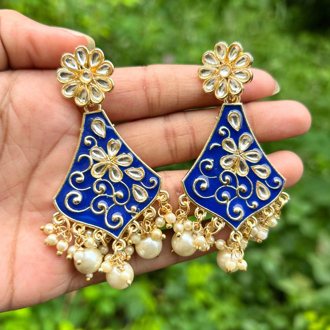 Blue & Gold-Plated Kundan Studded Classic Drop Earrings