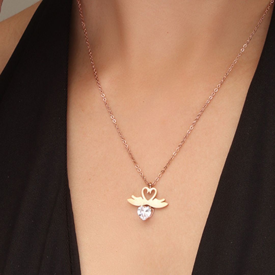 Laida Women Rose Gold-Plated & White AD-Stone Studded Winged-Shaped Pendant With Chain