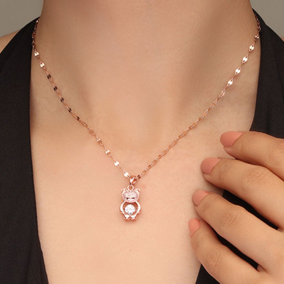 Laida Women Rose Gold-Plated & White AD-Stone Studded Teddy Bear-Shaped Pendant With Chain