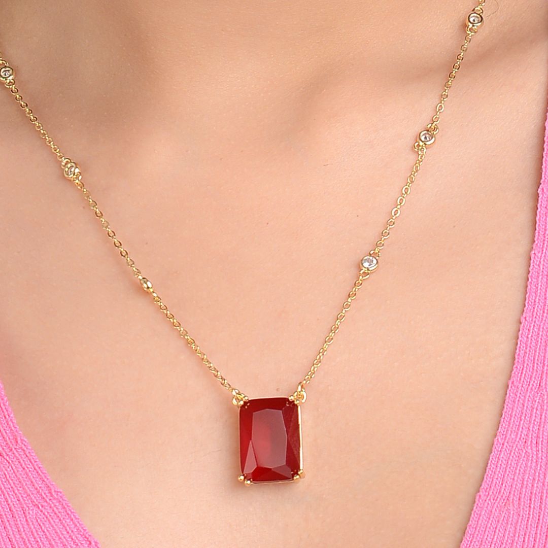 LAIDA Gold Plated Square Maroon Stone Pendant