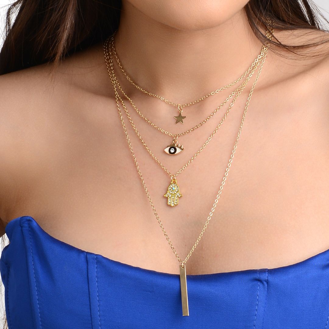 Multi Layer Evil Eye Hamsa Star Pendant Chain