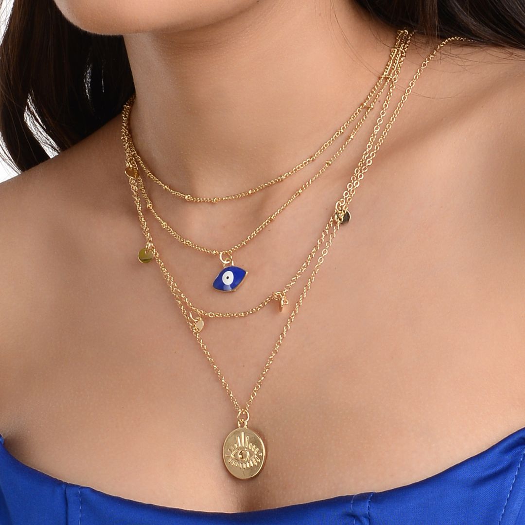 Glare Multi Layer 18k Gold Polish Evil Eye Pendant Chain