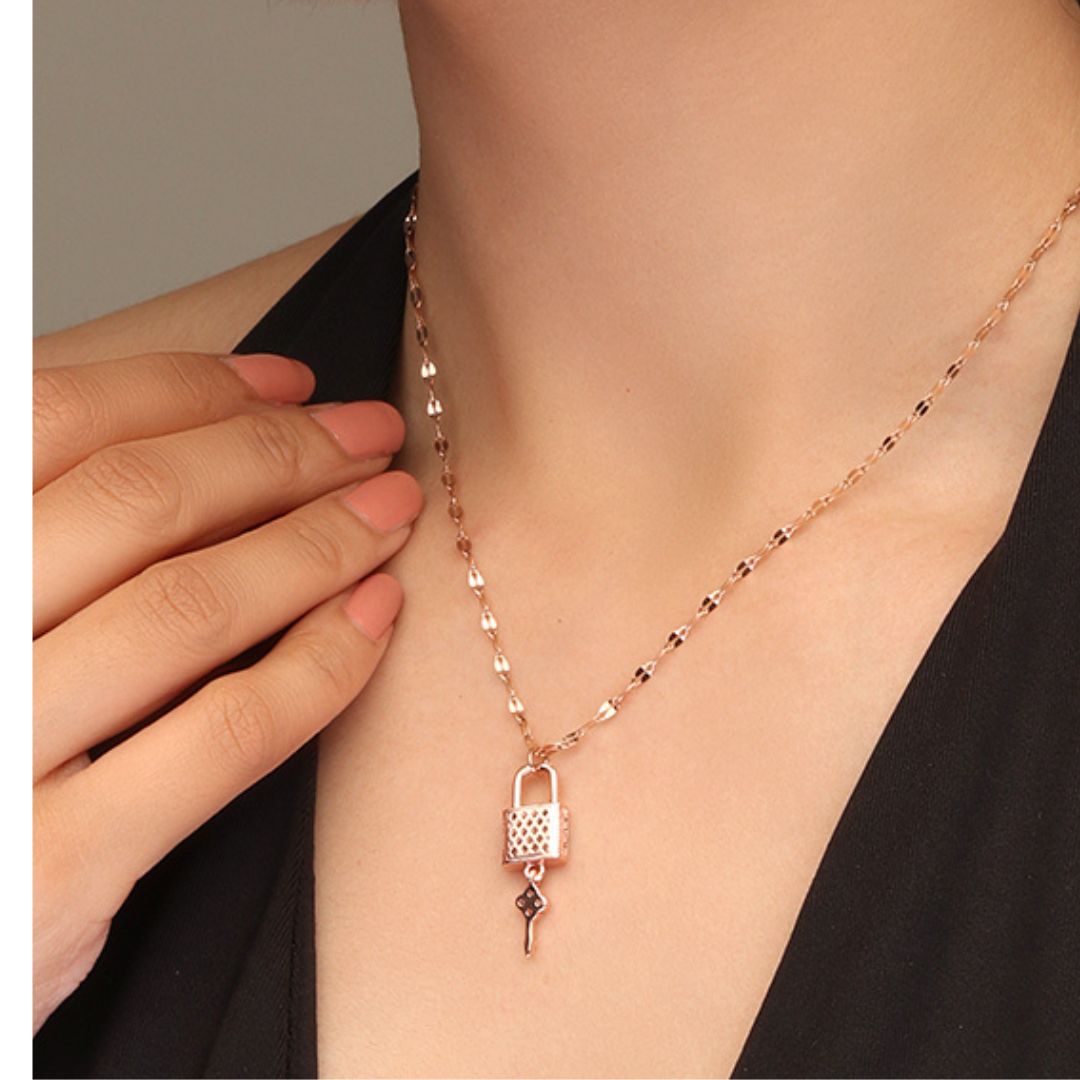 Laida Women Rose Gold-Plated White AD-Stone Studded Lock Key-Shaped Pendant With Chain