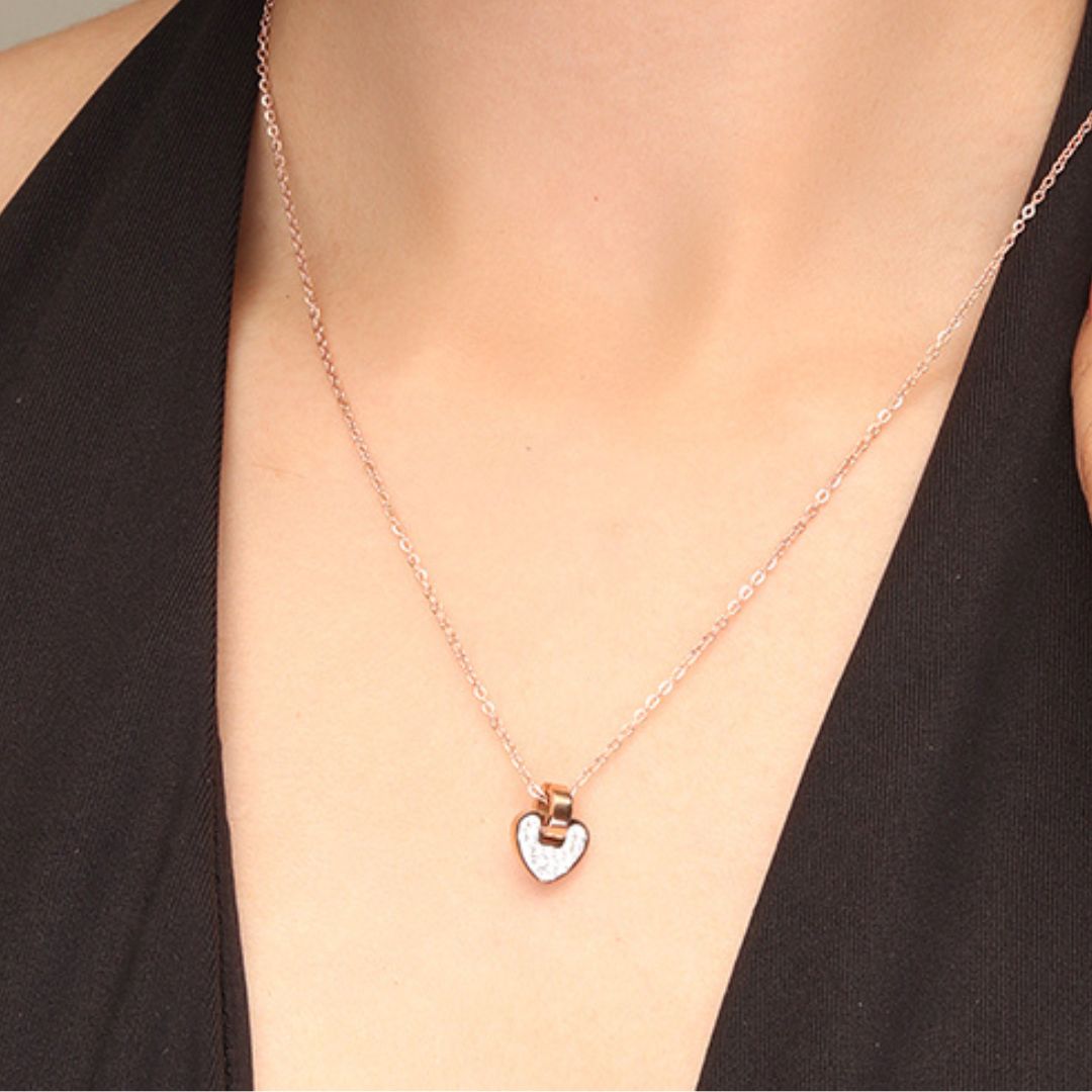 Laida Women Rose Gold-Plated & White AD-Stone Studded Heart-Shaped Pendant With Chain