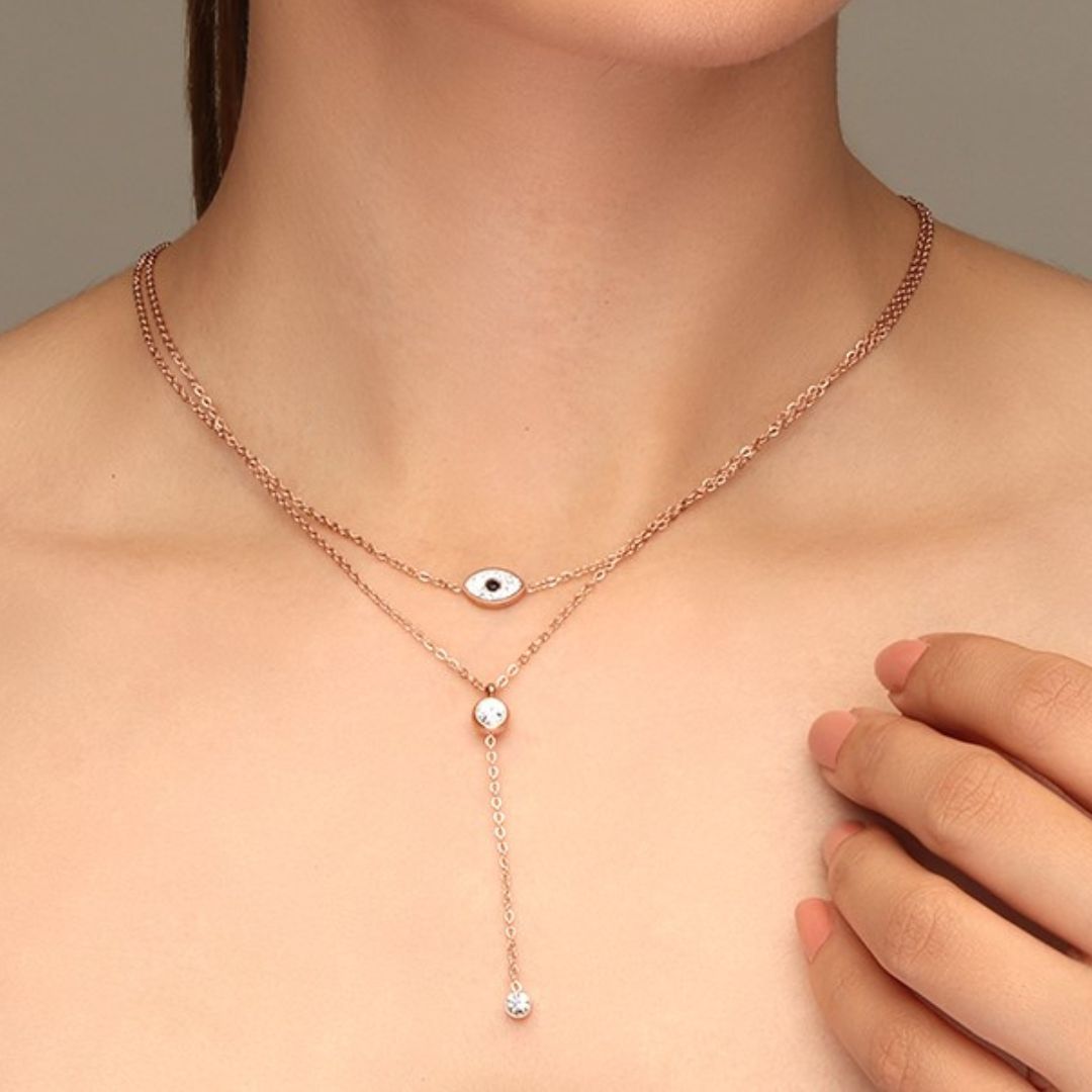 Rose Gold Minimal Evil Eye Layered Pendant Chain