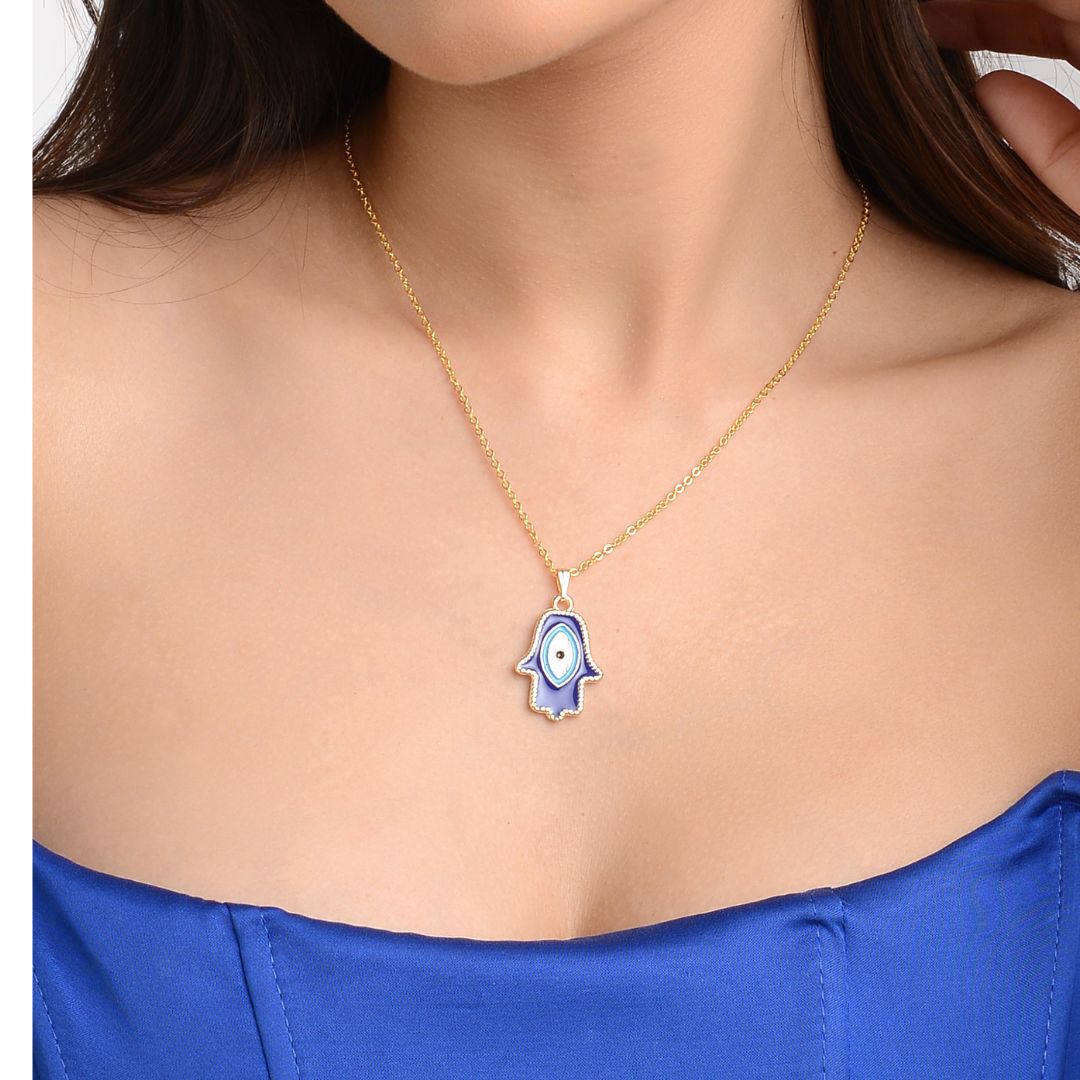 Gold Plated Blue Hamsa Pendant