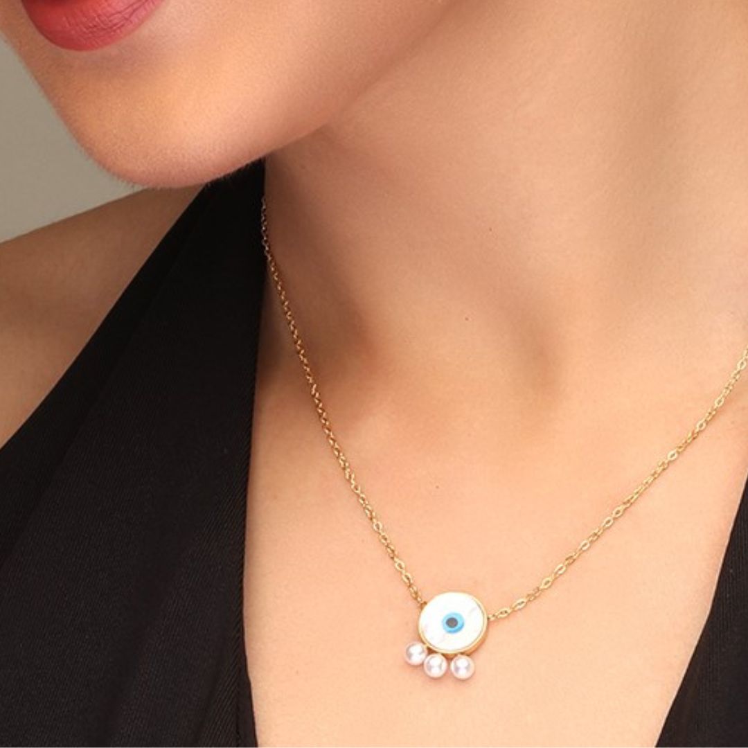 Gold Plated White Evil Eye Pendant With Pearls