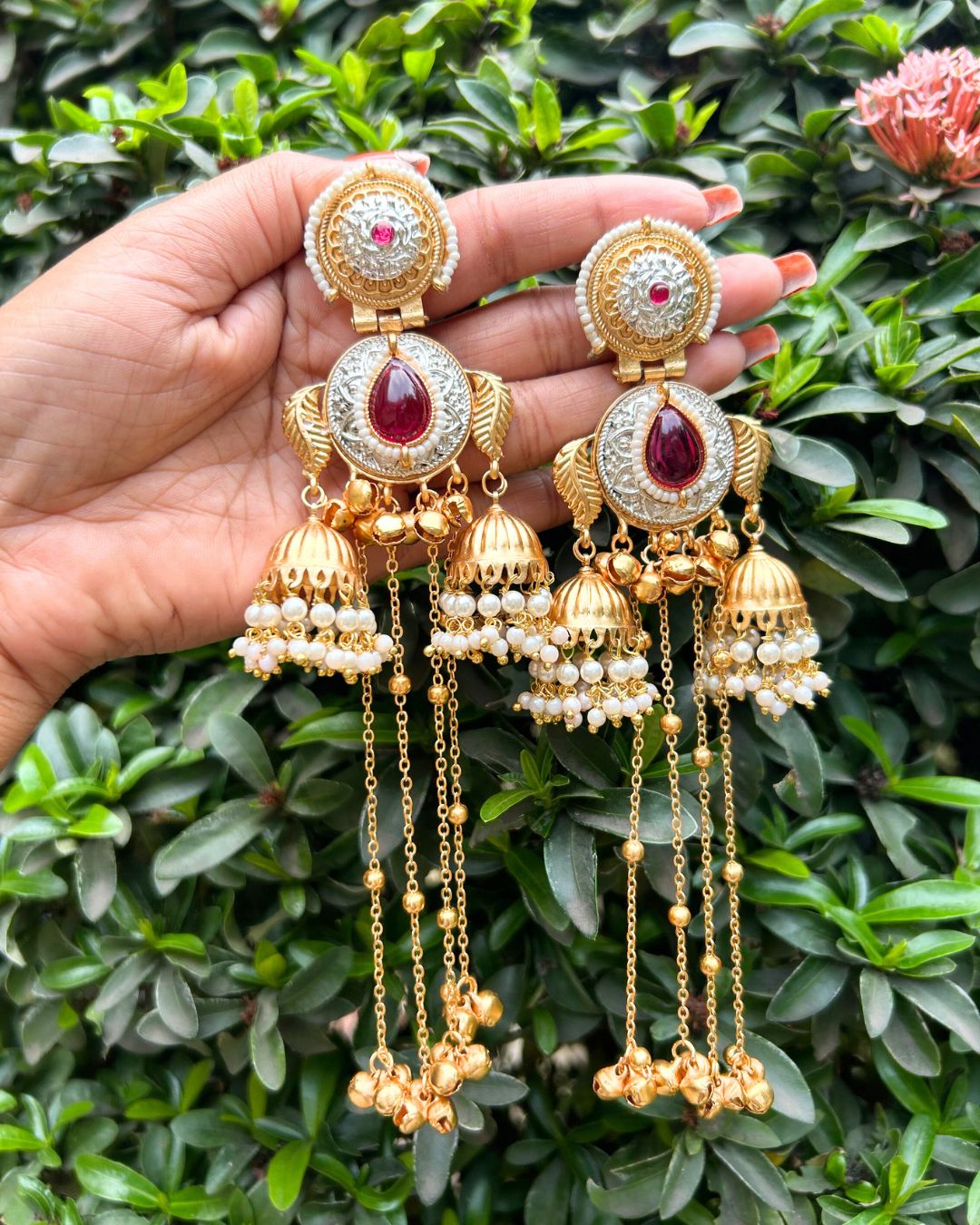 Sheen Ruby Stone Ghungroo Kashmiri Earrings