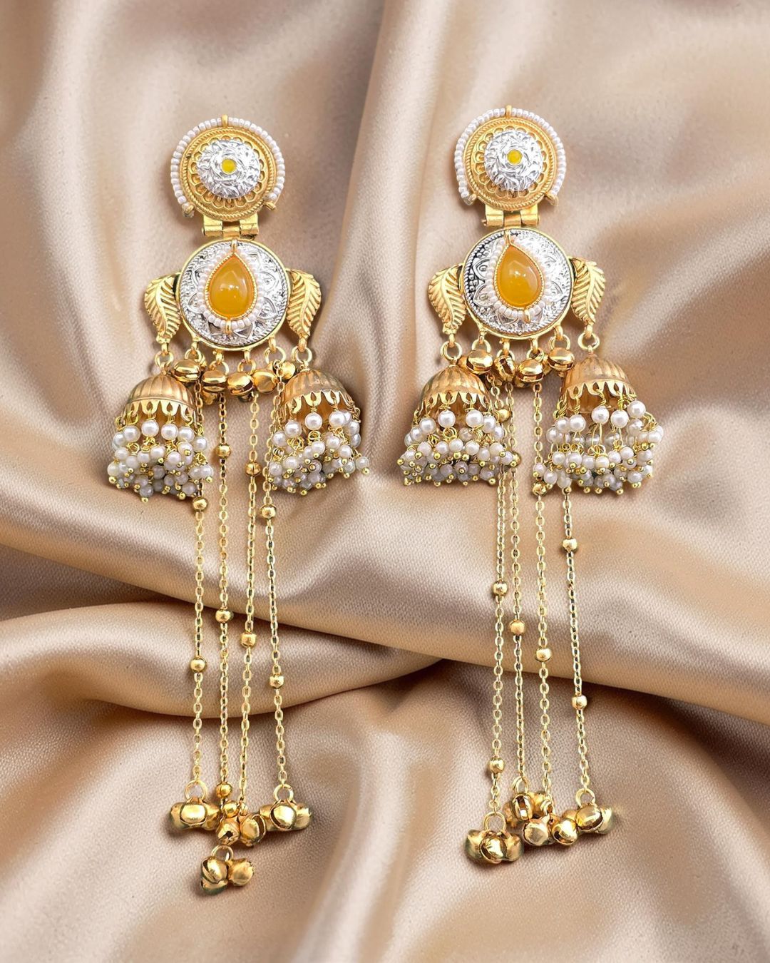 Sheen Yellow Stone Ghungroo Kashmiri Earrings